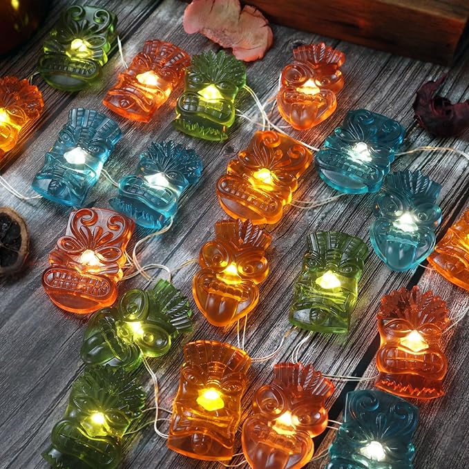 Indoor Tiki Bar and Dorm Room Decorations, 7FT 20PCS Colorful Tiki Mask LED String Lights, USB Powered with Battery Box, Tropical Party Fairy Lights for Bedroom Wall Shelf Summer Décor