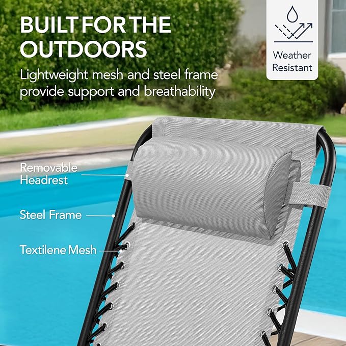 Best Choice Products Outdoor Folding Rocking Chair, Zero Gravity Lounge Chair, Patio Rocker w/Headrest Pillow - Ice Gray