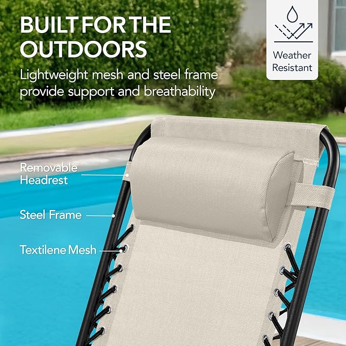Best Choice Products Outdoor Folding Rocking Chair, Zero Gravity Lounge Chair, Patio Rocker w/Headrest Pillow - Ivory