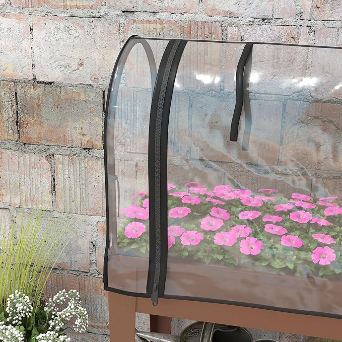 Outsunny Raised Garden Bed with Greenhouse Cover, 3' x 1' x 4' Mobile Elevated Planter Box on Wheels with Zippered Roll-up Door, Storage Shelf for Vegetables, Flowers, Herbs, Brown