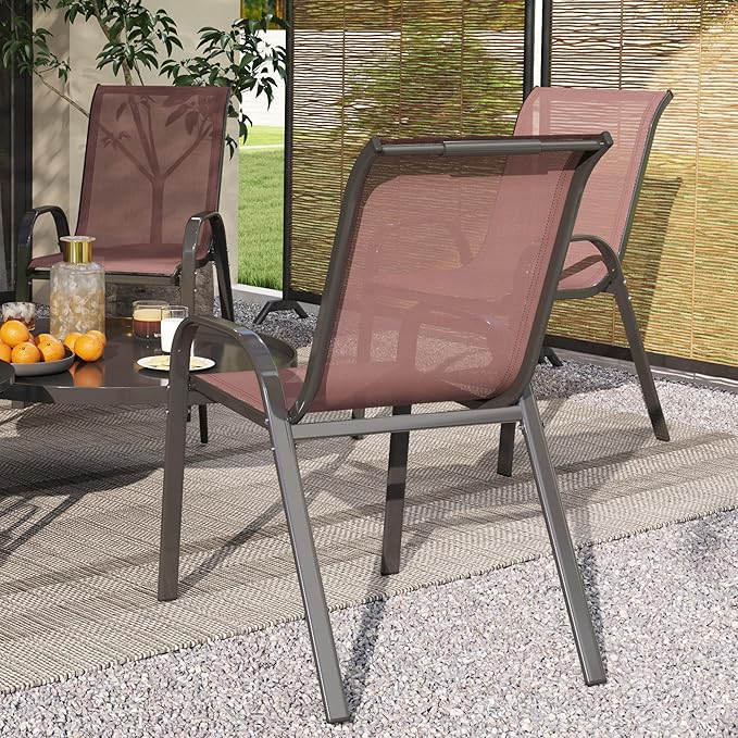 Outsunny Outdoor Dining Chairs Set of 4, Stackable Patio Dining Chairs, High Back Outdoor Patio Chairs with Breathable Mesh Seat, Metal Frame for Garden Lawn Backyard, Brown