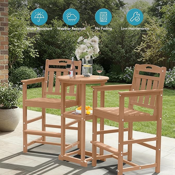 Ciokea Heavy Duty Bar Height Chair, 380lbs Outdoor Adirondack Tall Bar Chair Patio Stool with Arms & High Back, Heavy Duty All-Weather for Balcony, Poolside, Deck and Garden, Teak