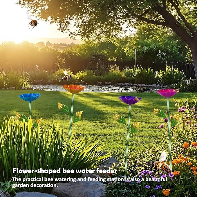 Bee Watering Station, 4 Pack Butterfly Drinking Station with Flower Design for Garden,Colorful Metal Flying Insects Feeder Baths for Outdoor Garden Yard Decor(Red,Blue,Yellow,Purple)