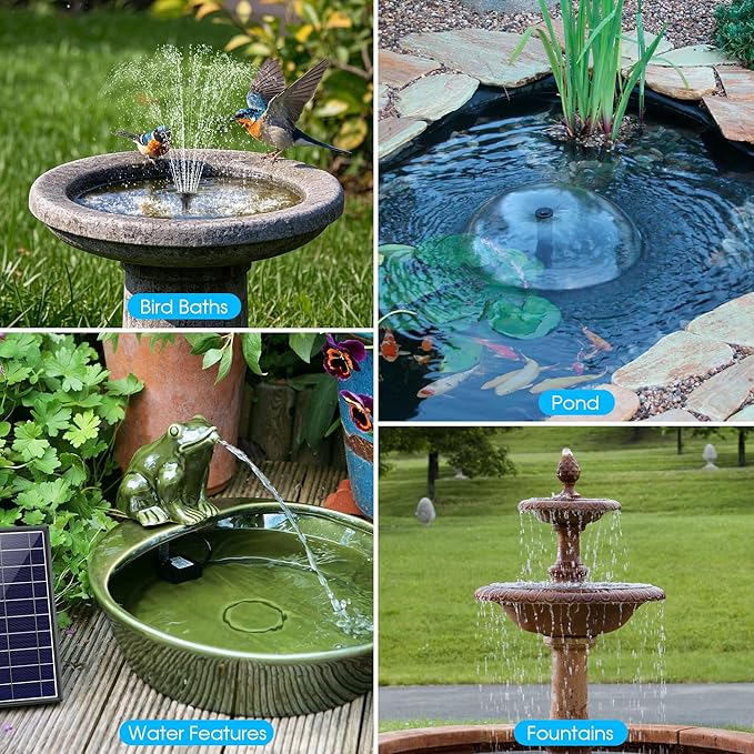 Biling 8W Solar Fountain Pump, Solar Water Pump with 3600mAh Battery Backup Work All Day, 5ft Tubing 5 Nozzles, Solar Fountain for Bird Bath, Garden Pond, Fish Tank and Hydroponics