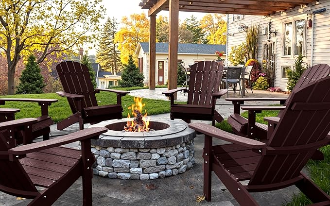 YEFU Adirondack Chairs Set of 8: Outdoor Chair HIPS Plastic Adirondack Chairs - Patio Chairs with Wood Texture - Lawn Fire Pit Deck Porch Garden Chairs for Adults(Coffee)