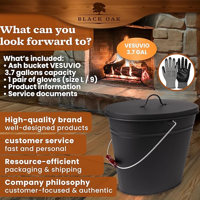 BLACK OAK Ash Bucket Vesuvio 3.7 GAL โblack oval with lid & gloves โlarge 15L โfireproof galvanized steel & powder-coated ash & coal bucket โaccessory for fireplaces, tiled stoves, wood-burning stoves