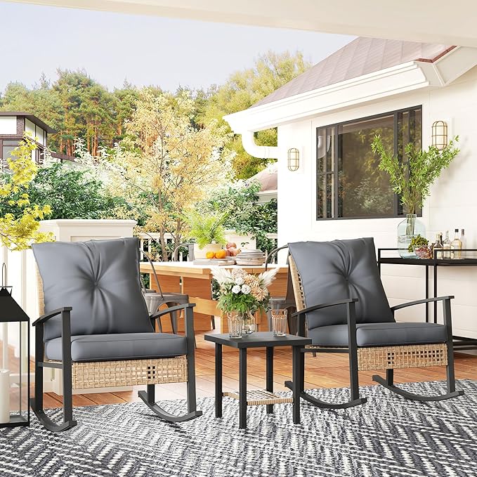 Outsunny 3 Pieces Rocking Wicker Outdoor Bistro Set, Rattan Patio Furniture Set with Coffee Table and Porch Chairs, Button Tufted Cushions for Backyard, Balcony, Garden, Gray