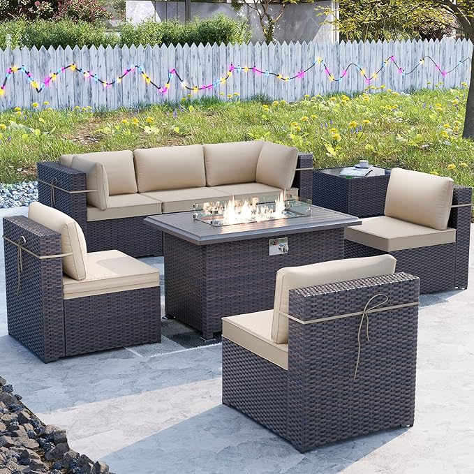Kullavik 8 PCS Outdoor Patio Furniture Set with 43" 55000BTU Gas Propane Fire Pit Table PE Wicker Rattan Sectional Sofa Patio Conversation Sets,Khaki