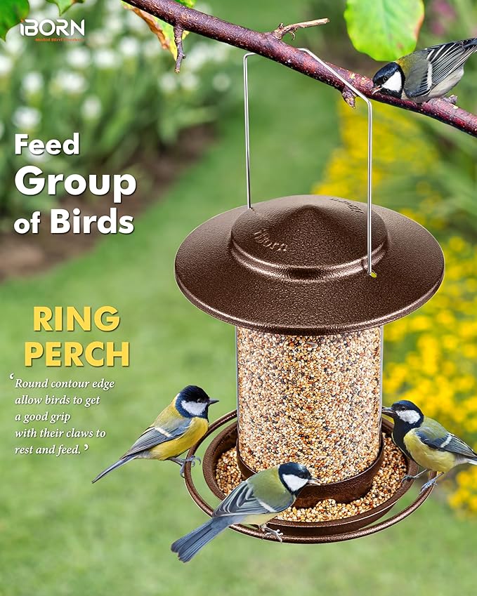 iBorn Bird Feeder for Outside Hanging,Bird Seed for Outside Wild Bird Feeders for Garden Yard Outdoor Decoration,Round Roof Design Coffee