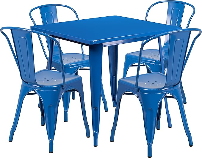 EMMA + OLIVER Commercial Grade 31.5" Square Blue Metal Indoor-Outdoor Table Set-4 Stack Chairs
