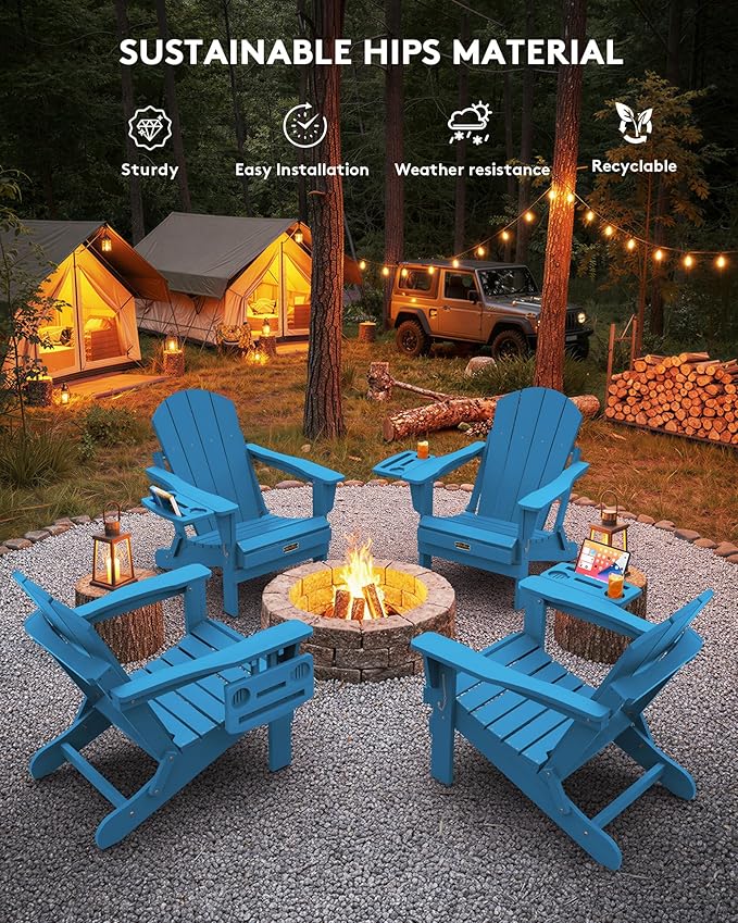 SERWALL Folding Adirondack Chair with 4 in 1 Multi-Functional Cup Holder, Wood Texture Adirondack Chairs for Patio Garden Outdoors, All-Weather Plastic Fire Pit Chairs - Sapphire