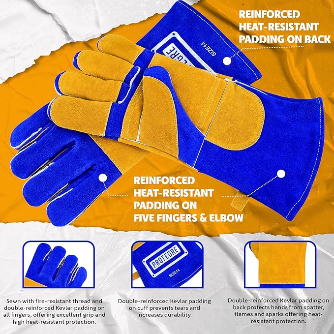 Welding Gloves 14” – 932°F Heat Resistant Leather Gloves with Kevlar – Heavy Duty BBQ & Cooking Gloves for Grill, Oven, Stove, Fireplace, Welding, Forge, MIG, TIG & High Heat Protection