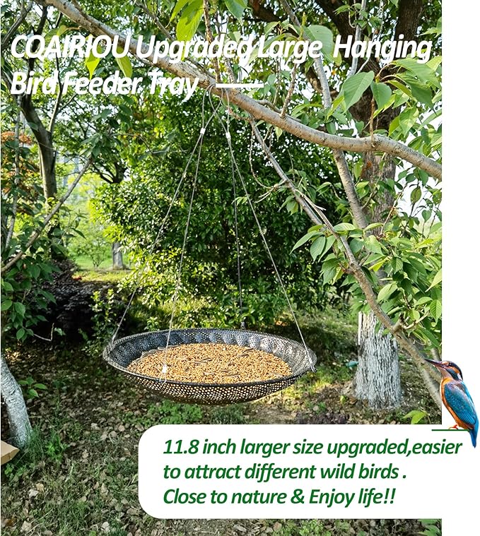 Upgraded Hanging Bird Feeder Tray (2 Sets),11.8” Stainless Steel Large Platform Open Bird Seed Tray for Outside Wild Birds