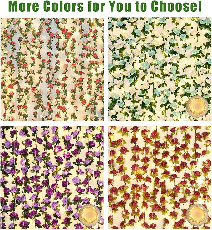 BLEUM CADE 5Pcs 41Ft Flowers Garland Artificial Rose Vines with 32.8Ft String Lights, Cute Fake Hanging Flower Vines Floral Garland Decorations for Wedding Party Wall Room Decor Aesthetic