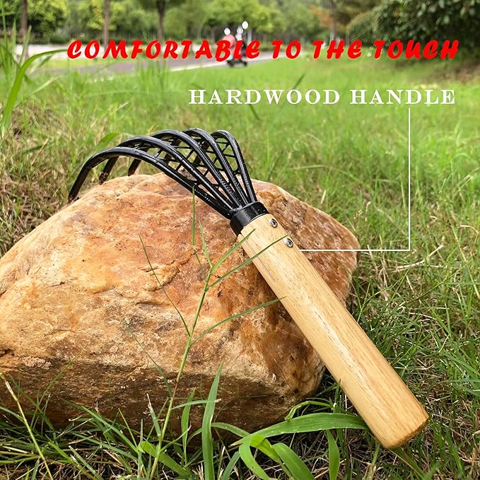 SHANFEEK Garden Rake 5-Claw Landscape Dethatcher Thatching Beach Combing Rake for Digging Clam Shell Defoliation Hoe Garden Tool for Loosen The Soil (Brown)