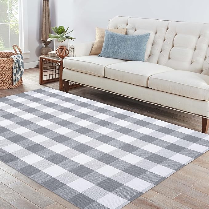 IOHOUZE Buffalo Plaid Checkered Rug 4x6 Ft Front Door Mats, Washable Area Rugs for Front Porch Decor, Spring Summer Welcome Mats Outdoor, Gray White Rug for Farmhouse/Entryway/Home Entrance
