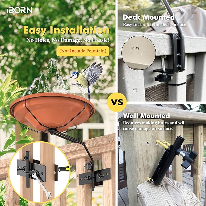 iBorn Bird Bath for Outside,Fence Mounted Bird Bath,Bird Baths for Outdoors, 12in BPA-Free Bowl,360°Swivel & Adjustable Height Bracket,Detachable Bird Bath for Fence Railing, Pack of 1