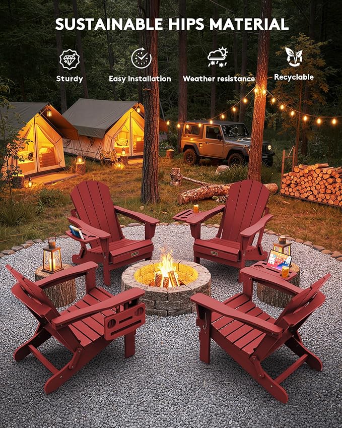 SERWALL Folding Adirondack Chair Set of 2, Outdoor Adirondack Chairs with 4 in 1 Cup Holder, Wood Texture Patio Chairs, Weather Resistant Fire Pit Chairs for Patio Deck Garden, Backyard - Red