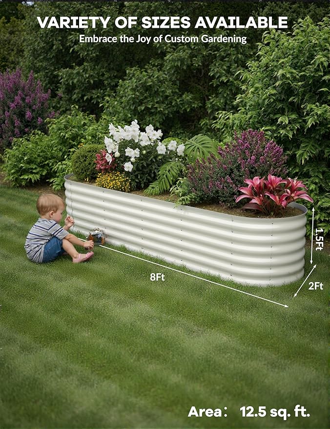 IDEAHOUSE 2-Pack Raised Garden Bed - Heavy-Duty Galvanized Steel Outdoor Planter Box for Vegetables, Flowers & Herbs - Rust-Resistant, Easy-Assembly Garden Box, Beige/Green