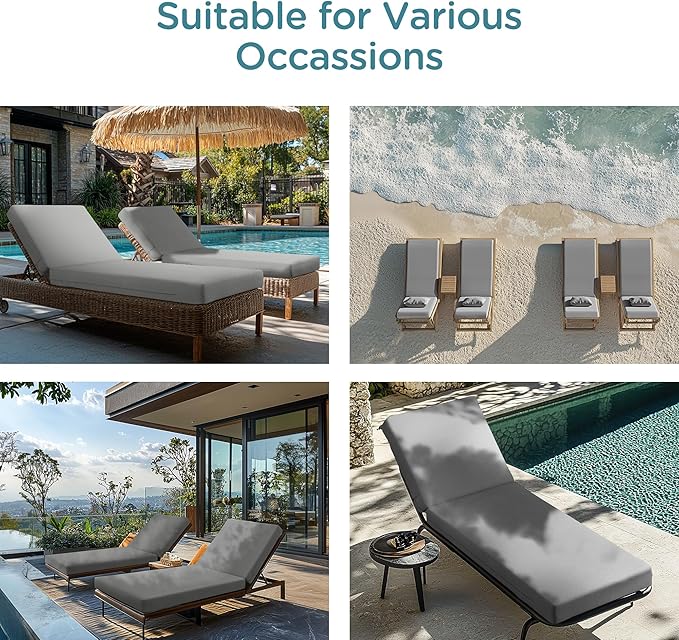 Codi Outdoor Lounge Chair Cushions, Chaise Cushion for Patio Furniture, Double Waterproof Fabric for Pool, 72 x 22.5 x 3.5 Inch 1PK Grey