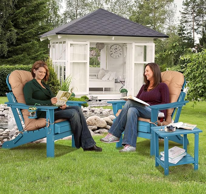 nalone Folding Adirondack Chairs Set of 2 with Cushion with Cup Holder, HDPE Plastic Oversized Patio Chair Weather Resistant, Used in Outdoor, Fire Pit, Deck, Garden, Campfire Chairs (Blue)