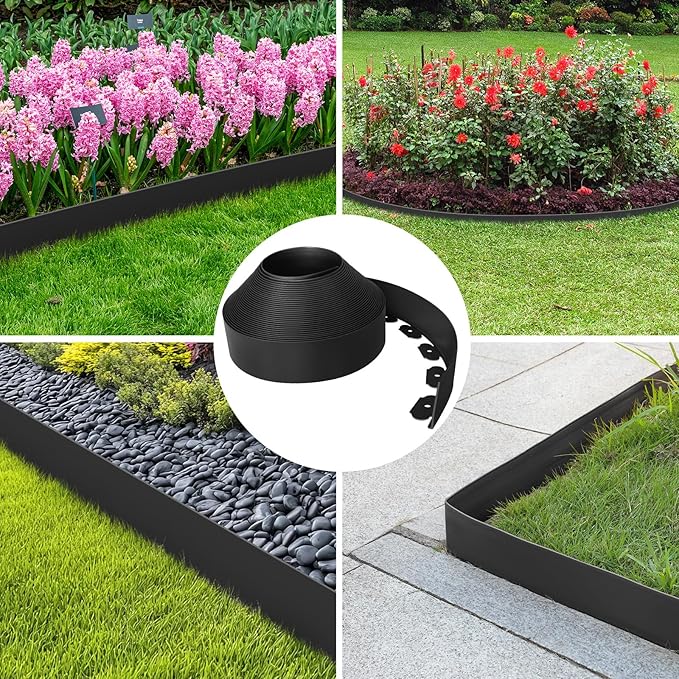 4-Inch x 100 FT Landscape Edging Border with 150 Stakes, Plastic Garden Edging Border Kit, Flexible No Dig Lawn Edging Border for Garden Flower Beds Yard Pathway Paver (Black)