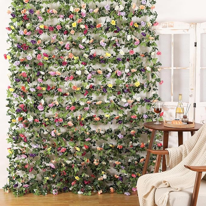 JUSTOYOU Artificial Vines Purple Flower Garland Artificial Impatiens Flowers for Outdoors Hanging Floral Vines for Home Decor Wall Fence Stairway Indoor Outdoor Wedding Hanging Baskets(2 Pcs)