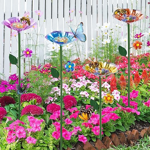 4 Pack Bee Watering Station, Bee Bath for Garden, Colorful Metal Bee Bird Butterfly Water Feeder Supplies for Outdoor Garden Yard Farm Decor Flower Design (Blue, Yellow, Orange, Purple)