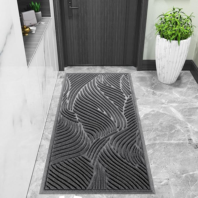 Yimobra Doormat Indoor Outdoor Entrance, Simple Stripes, All-Weather Waterproof & Non-Slip Mat for Front Door, Heavy Duty Polyester Welcome Mat for Garage, Patio-47x24,Dark Grey