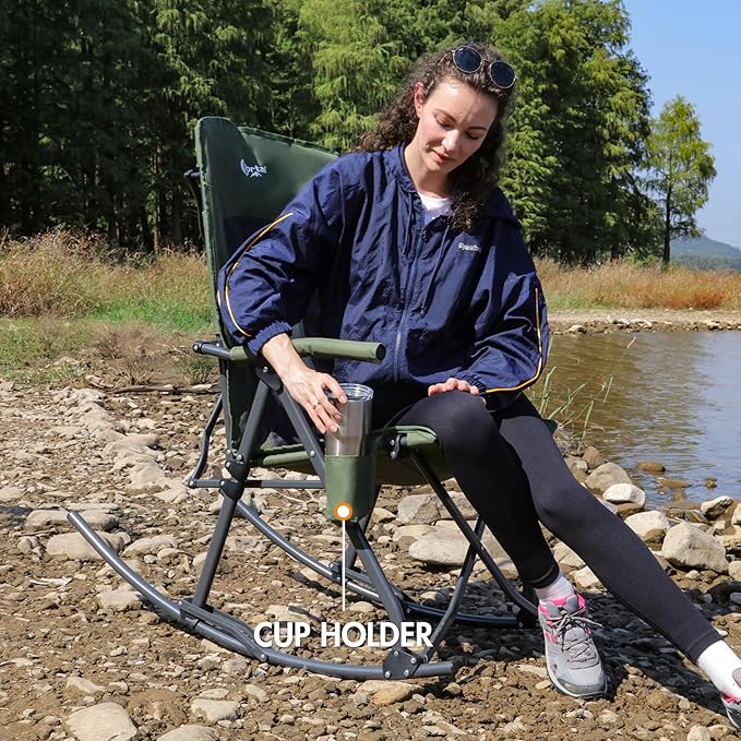 PORTAL Oversized Folding Rocking Camping Chair Portable Outdoor Rocker with High Back Hard Armrests Carry Bag, Supports 400 lbs
