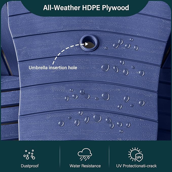 HDPE Adirondack Chairs for Outside, All-Weather Patio Chairs with Cup Holder, Outdoor Lawn Chair for Poolside/Fire Pit/Backyard/Deck, Blue Double Adirondack Chair with Table