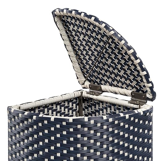 happimess HPM1200B Chloe 15.56-Gallon All-Weather Wicker/Metal Corner Hideaway Outdoor Trash Can, Navy/White, Classic, Coastal, Casual Wastebin for Backyard, Patio, Porch, Kitchen