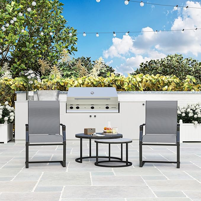 Outsunny Patio Dining Chairs Set of 2, Outdoor C Spring Dining Chairs Set w/High Back, Armrest, Breathable Fabric & Metal Frame, Heavy Duty Outdoor Chairs for Backyard, Deck, 256LBS, Light Gray