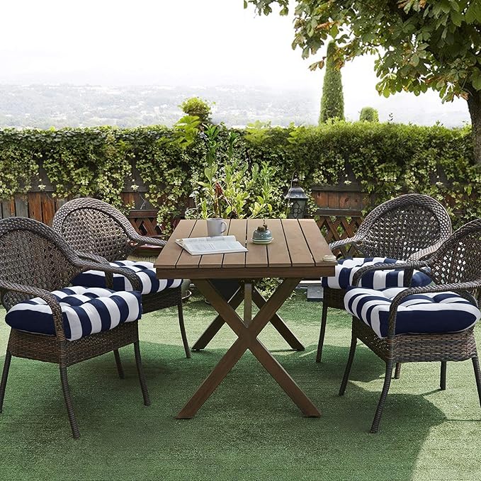 Sweet Home Collection Patio Cushions Outdoor Chair Pads Premium Comfortable Thick Fiber Fill Tufted 19" x 19" Seat Cover, 2 Count (Pack of 1), Havana Navy/White