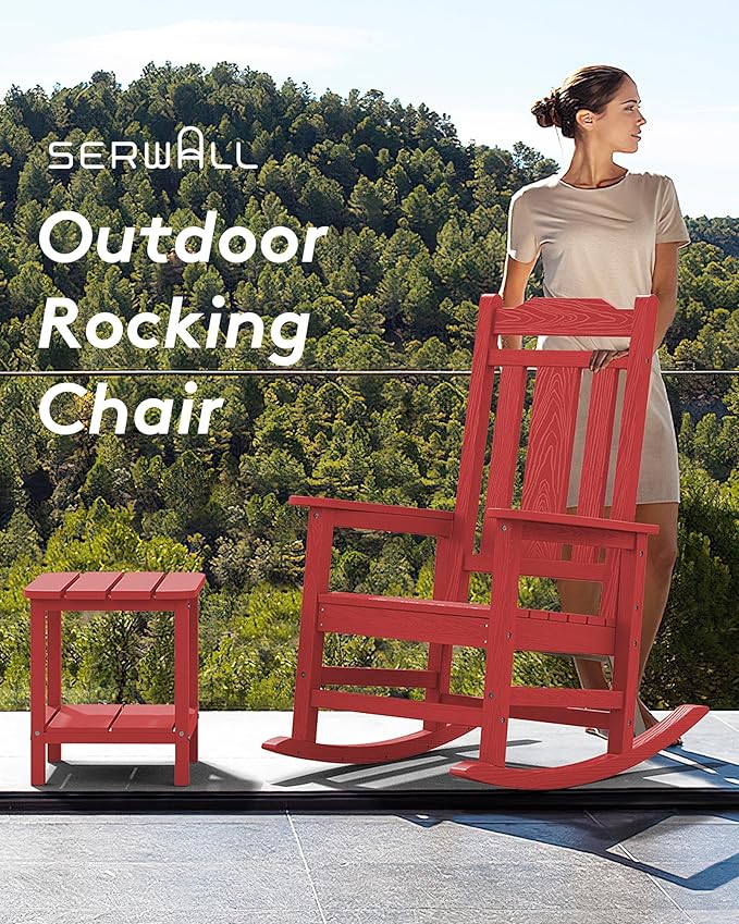 SERWALL Oversized Rocking Chair Outdoor, HDPE Outdoor Rocking Chair, Red