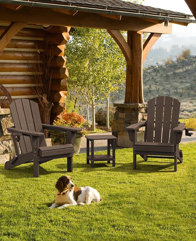 SERWALL Folding Adirondack Chair Set of 8, Adjustable Adirondack Chair with 3 Recline Positions, All Weather HDPE Outdoor Adirondack with Cup Holders, Coffee