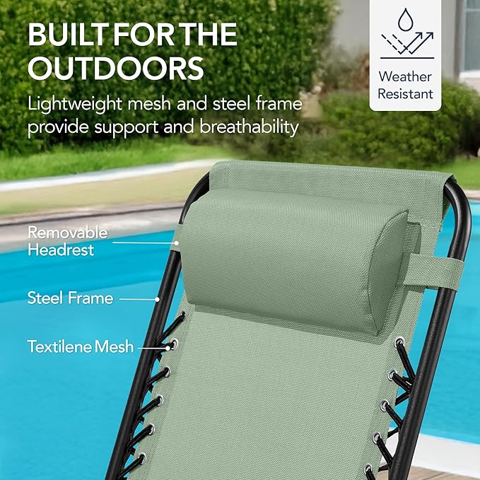Best Choice Products Outdoor Folding Rocking Chair, Zero Gravity Lounge Chair, Patio Rocker w/Headrest Pillow - Sage Green