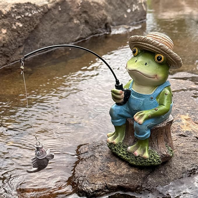 Outdoor Frog Statue Garden Koi Pond Resin Decoration, Frog Decor for Yard 7.1'' Fishing Statue Patio, Lawn Garden Decorative, Fishing Animals for Waterfalls or Koi Pond Additioanl, Gifts for Mom