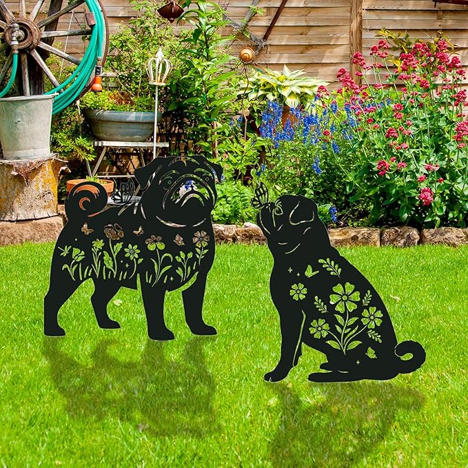 French Bulldog Metal Garden Stakes Yard Decor, 2PCS Black Dog Silhouette Statues Garden Decorative Gifts for Yard Art, Patio, Outside, Lawn Ornaments, Christmas, Backyard