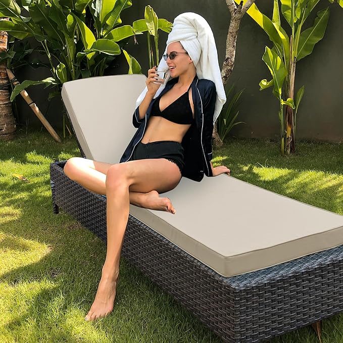 Outdoor Chaise Lounge Cushion Set of 2, Fadesafe Water-Repellent Lounge Deck Reclining Chair Cushions for Patio Furniture Lawn Pool Resort Hotel, 72x21x3 Inch, Cream