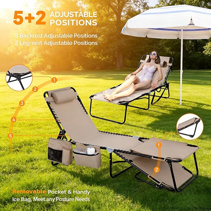 Bonnlo Oversized Folding Tanning Chair with Face Hole & Carrying Bag,Beach Lounge Chair Outdoor for Adults, Portable Sunbathing Recliner,Laying Out Chairs for Tanning Lounger Outside,Supports 265 lbs