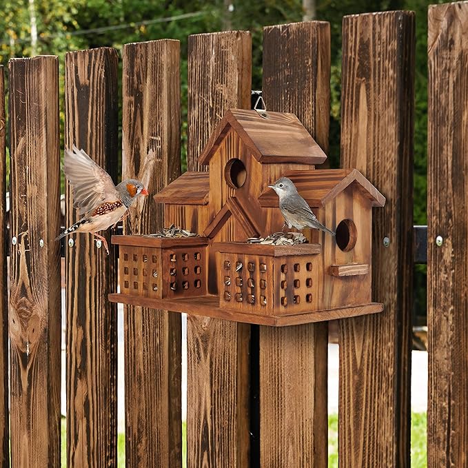 MIXUMON Bird Houses for Outside with Bird Feeder, Outdoor 3 Hole Bird House Room for 3 Bird Families Bluebird Finch Cardinals Hanging Birdhouse for Garden