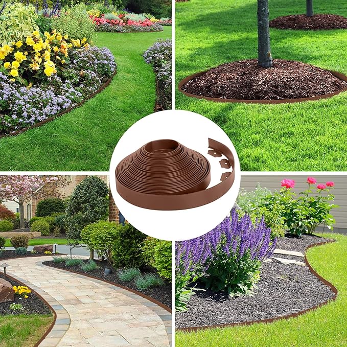 2-Inch x 80 FT Landscape Edging Border with 125 Spikes, Garden Edging Border Lawn Edging Kit, Plastic Edging for Landscape Flexible for Garden Flower Beds Lawn Yard Pathway (Brown)