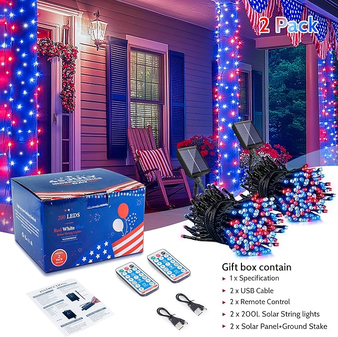 woohaha 2 Pack Red White and Blue Solar Lights,Total 400LED 144FT Patriotic Solar String Lights for Outside,Waterproof 4th of July Light for Independence Day,Garden,Tree,Fourth of July Decorations
