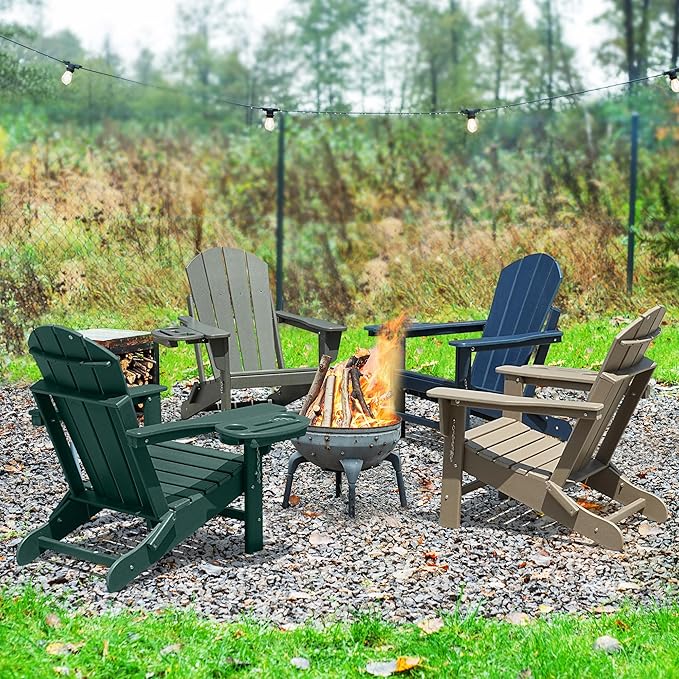 Adirondack Chair, HDPE Folding Adirondack Chair with Multifunctional Cup Holder, Weather Resistant Fire Pit Chair for porches, patios, patios, poolsides, Decks.