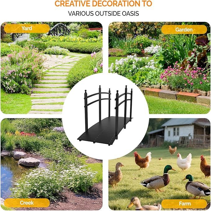 VINGLI Garden Bridge, Classic Wooden Bridge with Safety Rails, Decorative Arhced Footbridge for Patio Pond, Creek, Pathway (Black, 7.5 ft)