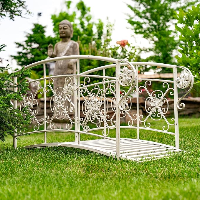 Zaer Ltd. Decorative Iron Garden Bridge, 40.5 x 22 x 22 inches, Antique Bronze or White, Floral Design (Antique White)