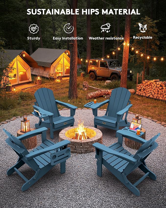 SERWALL Folding Adirondack Chair, Patio Adirondack Chairs with 4 in 1 Cup Holder, Weather Resistant Patio Chair, Plastic Fire Pit Chair for Outdoor, Garden, Backyard, Deck - Blue