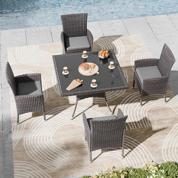 Kullavik 5-Piece Outdoor Dining Set Patio Rattan Furniture Set,Patio Dining Table and Chairs Set with 4 Chairs and Cushions,Square Glass Tabletop with Umbrella Hole for Patio,Grey
