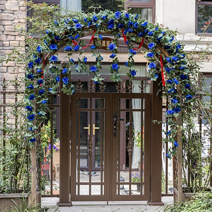 2 Pack (16FT) Artificial Rose Vine Fake Flowers Garland Hanging Silk Rose Ivy Plants Vine for Father's Day,Wedding Arch Party Garden Home Aesthetic Art Décor (Royal Blue)